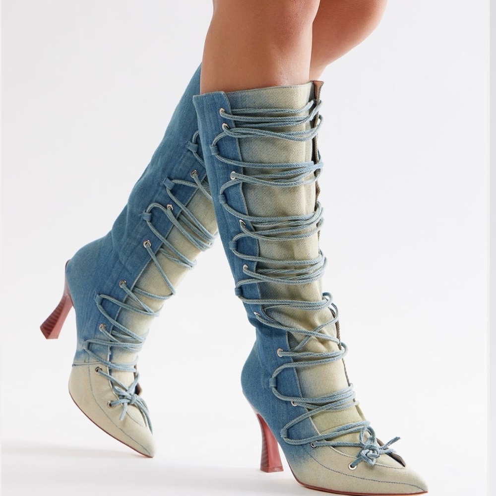 FN Blue and Beige Denim Lace-Up Boots